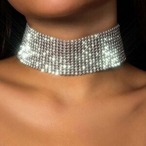Rhinestone Crystal Wide Choker Necklace - Silver
